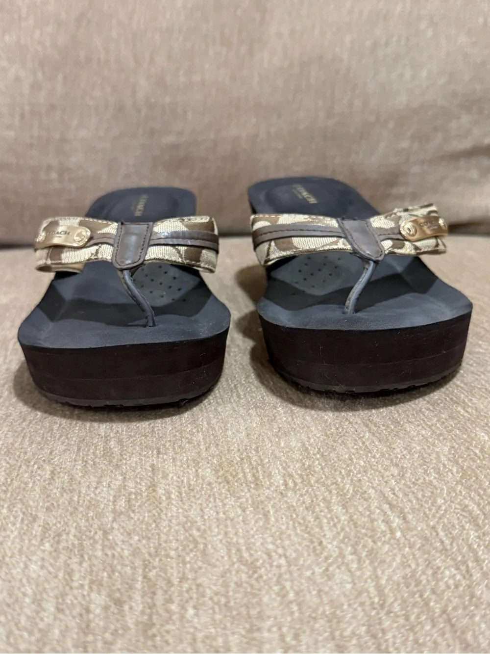 Coach Brown and Tan Signature Wedge Thong Sandals